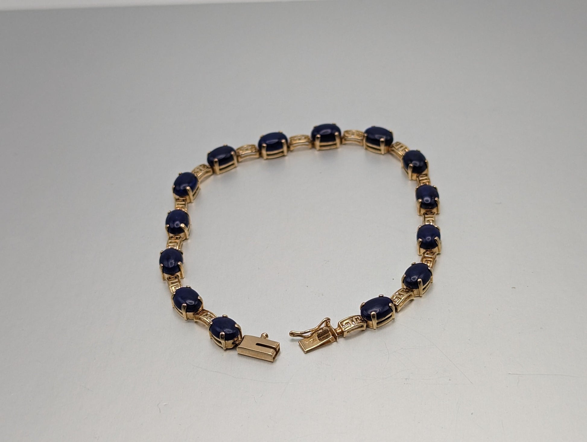 14kt Yellow Gold & Lapis Lazuli Oval Cabochon Greek Key Tennis Bracelet. 14kt Lapis Yellow Gold Bracelet.