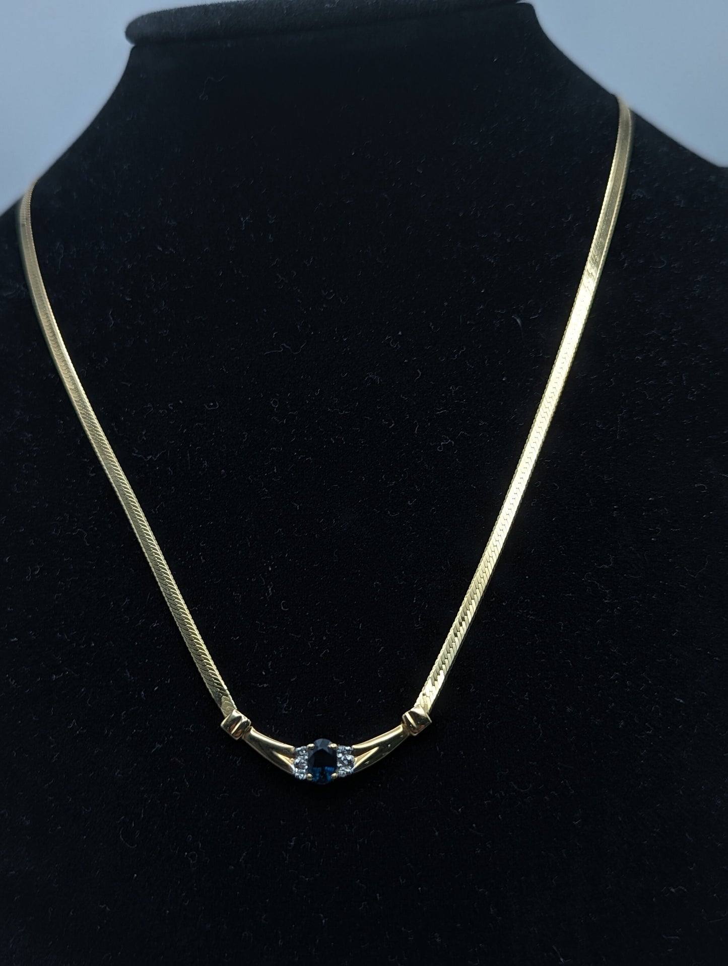 14k Italy HerringBone Blue Sapphire Diamond Necklace Chain. 14k Herring Bone Sapphire Chain 18 Inch. 14k Yellow Gold Chain.