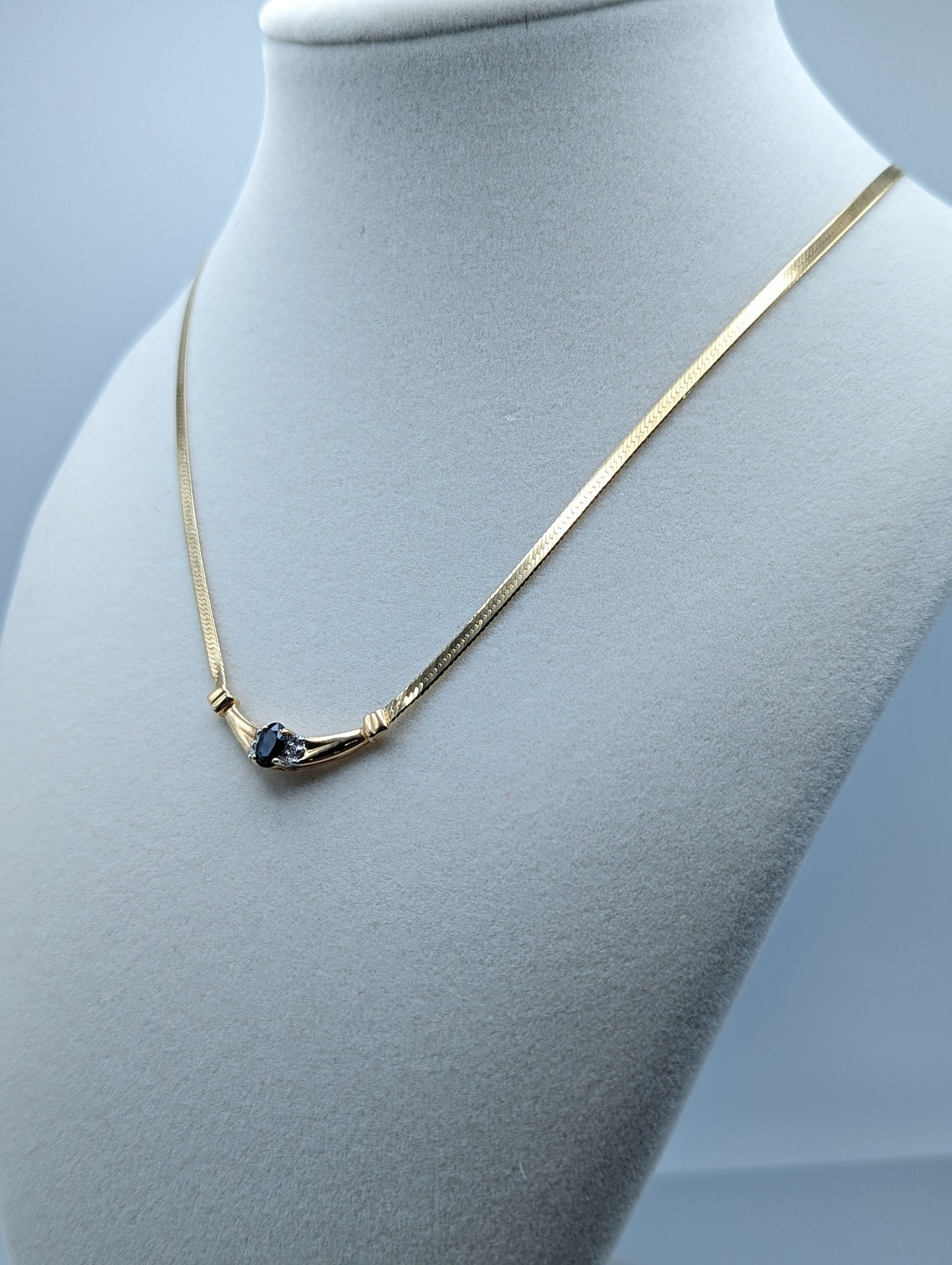 14k Italy HerringBone Blue Sapphire Diamond Necklace Chain. 14k Herring Bone Sapphire Chain 18 Inch. 14k Yellow Gold Chain.