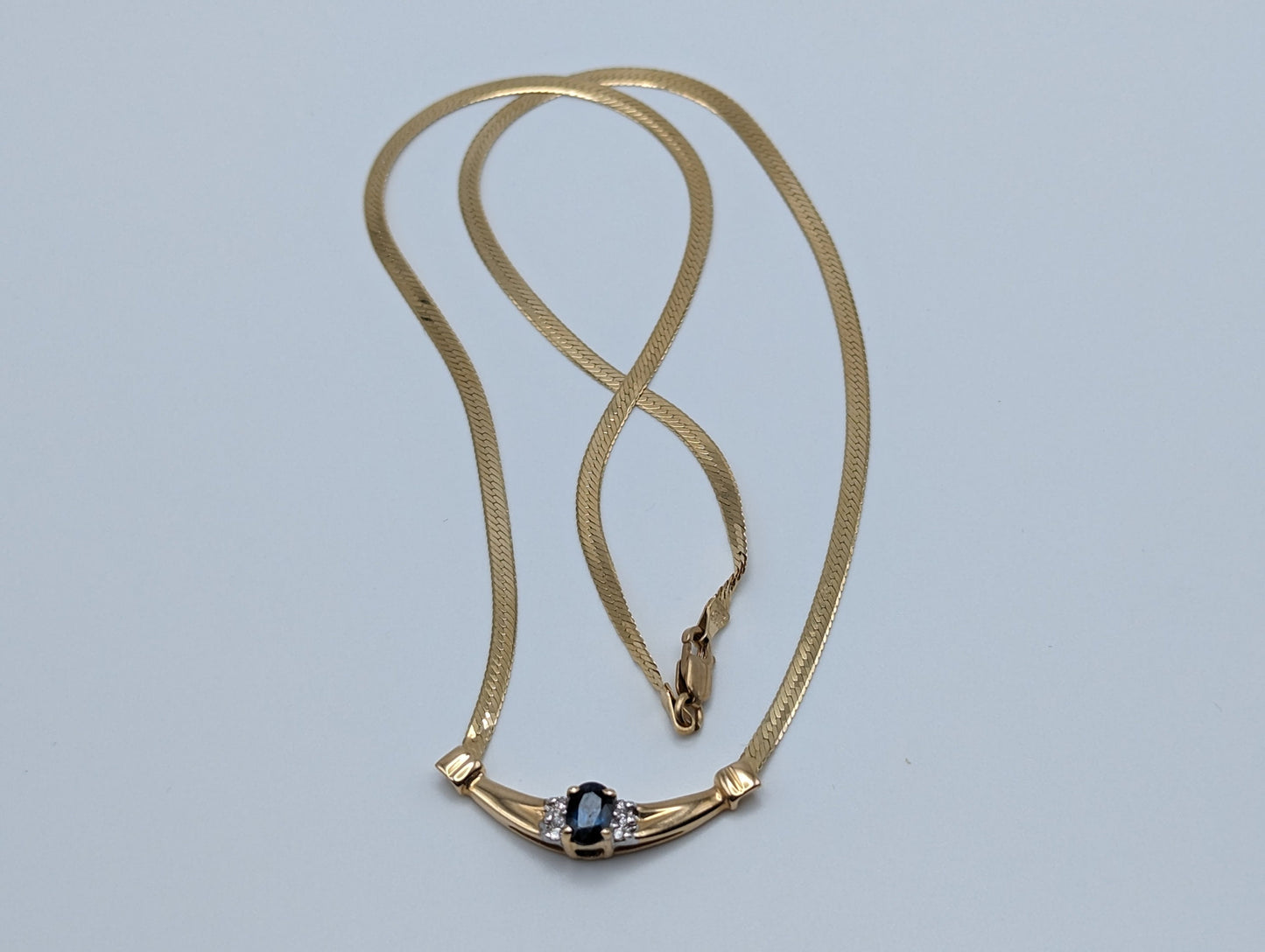 14k Italy HerringBone Blue Sapphire Diamond Necklace Chain. 14k Herring Bone Sapphire Chain 18 Inch. 14k Yellow Gold Chain.