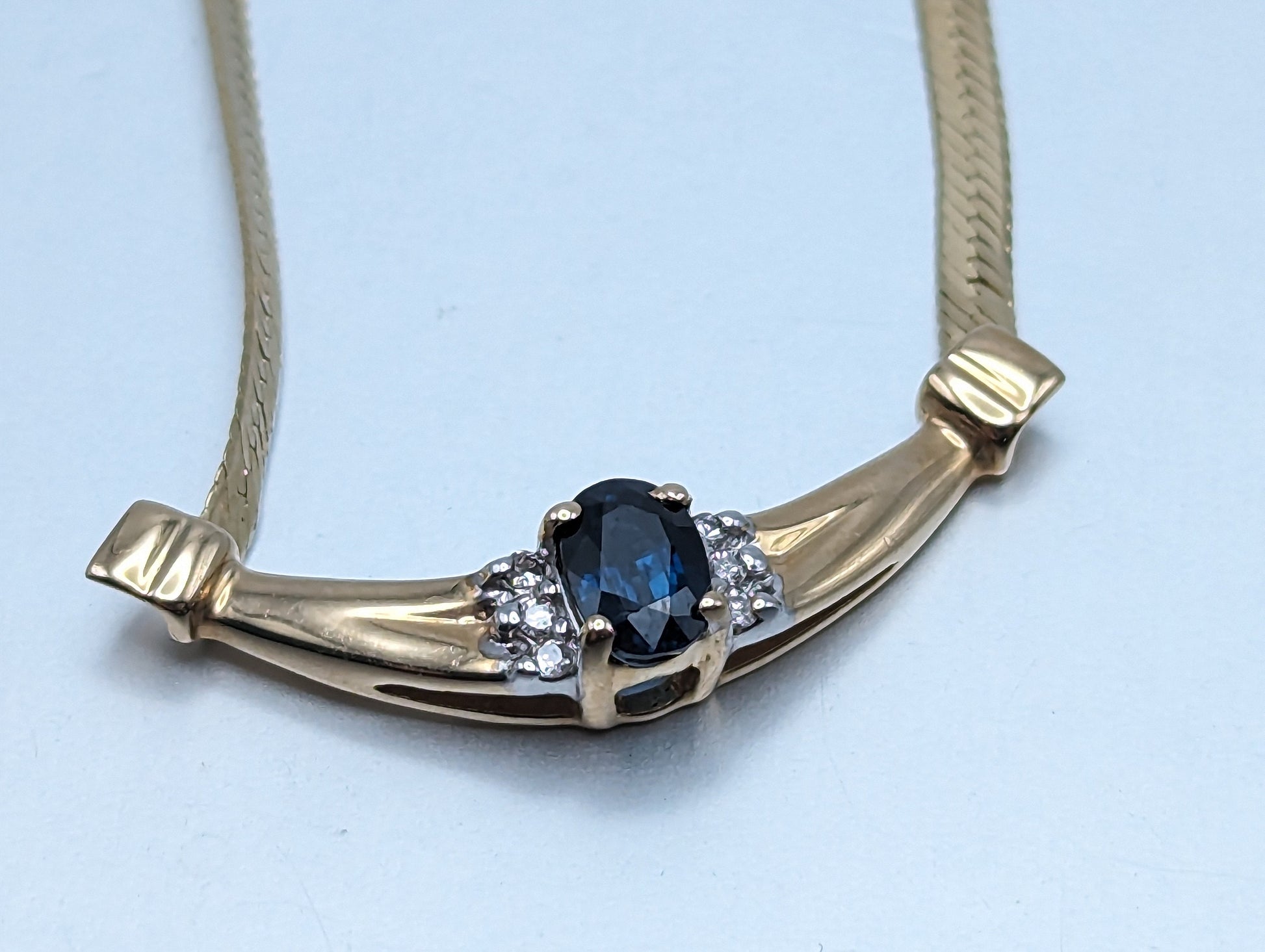 14k Italy HerringBone Blue Sapphire Diamond Necklace Chain. 14k Herring Bone Sapphire Chain 18 Inch. 14k Yellow Gold Chain.