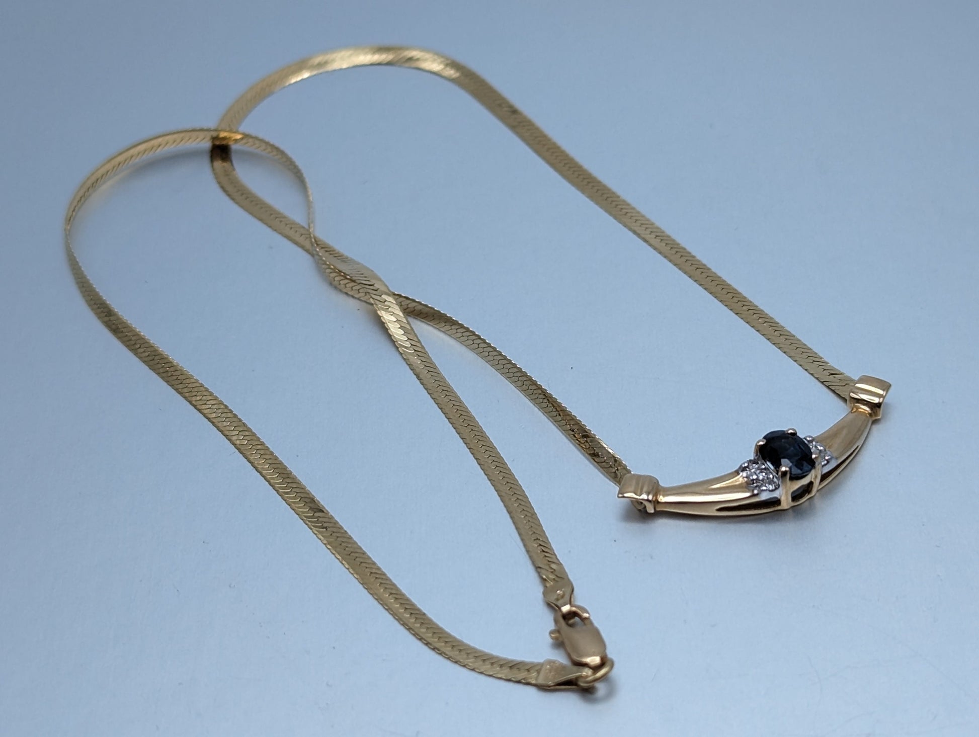 14k Italy HerringBone Blue Sapphire Diamond Necklace Chain. 14k Herring Bone Sapphire Chain 18 Inch. 14k Yellow Gold Chain.