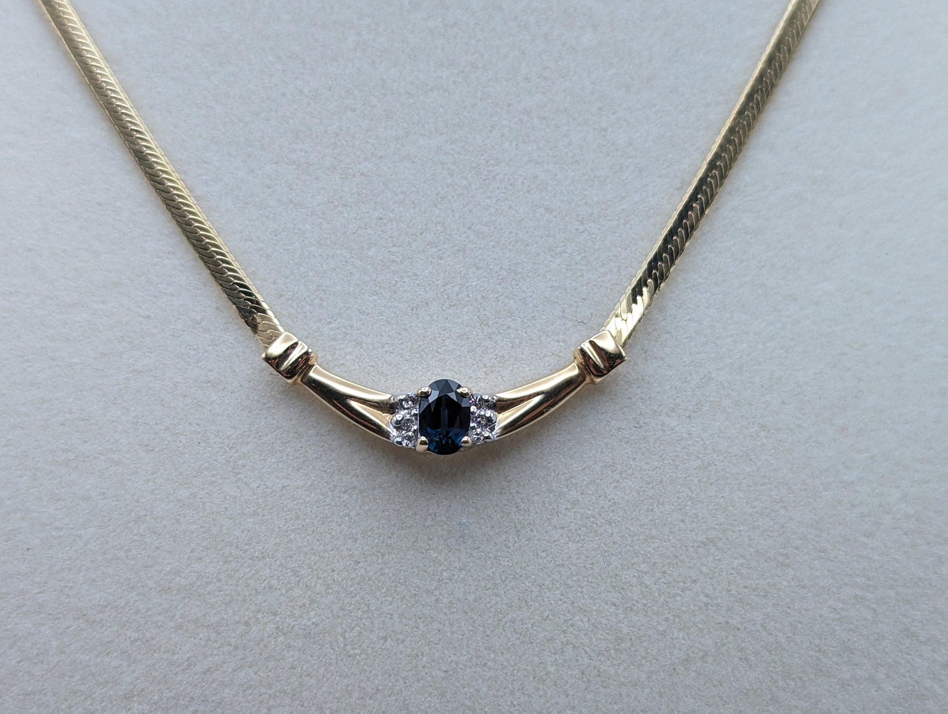 14k Italy HerringBone Blue Sapphire Diamond Necklace Chain. 14k Herring Bone Sapphire Chain 18 Inch. 14k Yellow Gold Chain.