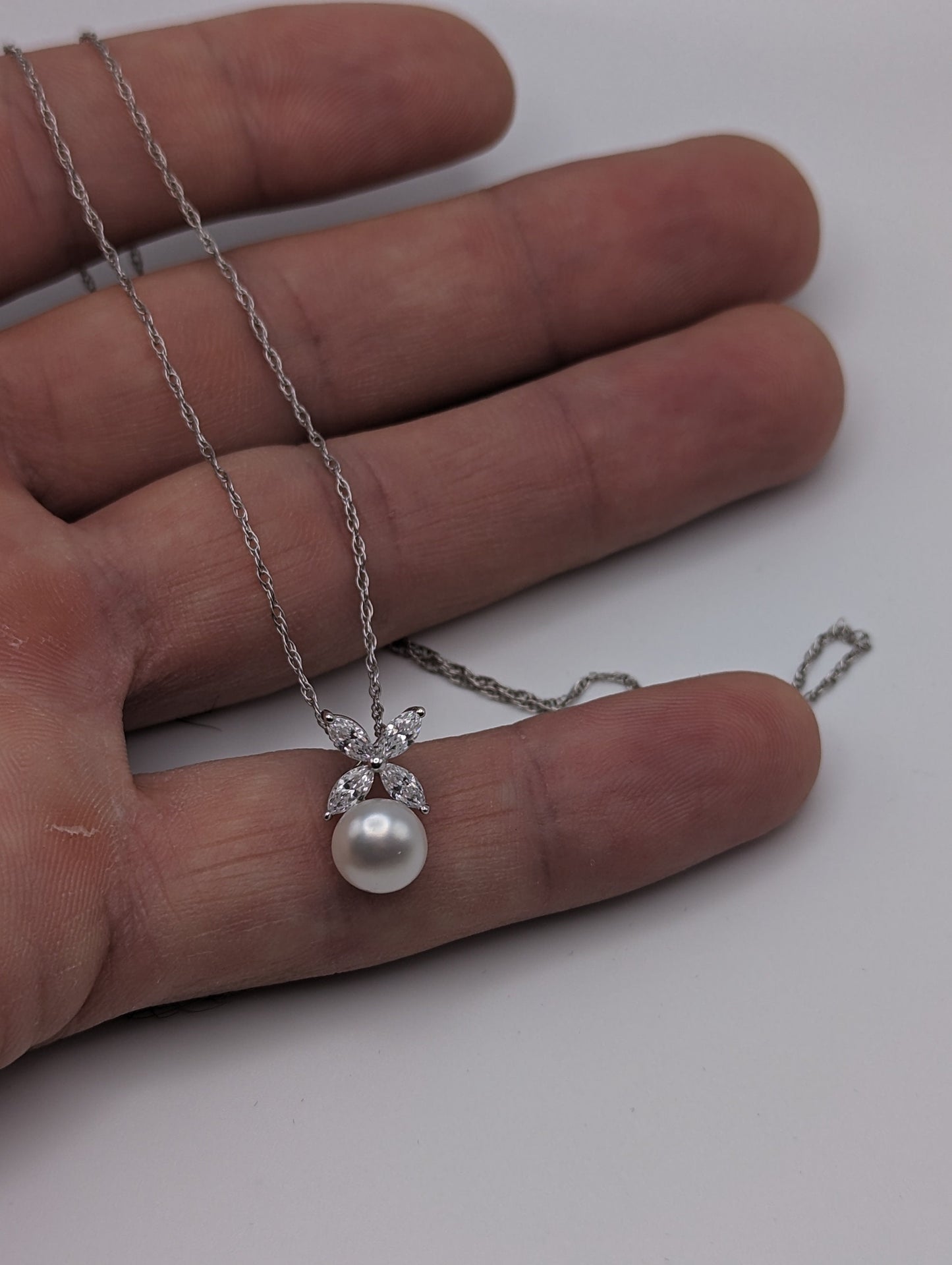 14k White Gold Pearl Necklace CZs. 14k Gold Pearl Pendant. 14k Womens Pearl Pendant + 14k White Gold 20" Chain.