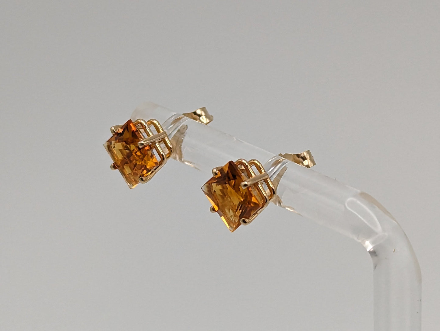 14k Yellow Gold Princess Cut Citrine Studs. 14k Citrine Studs. Dainty Citrine Earrings. 14k Yellow Gold Orange Gemstone Earrings.