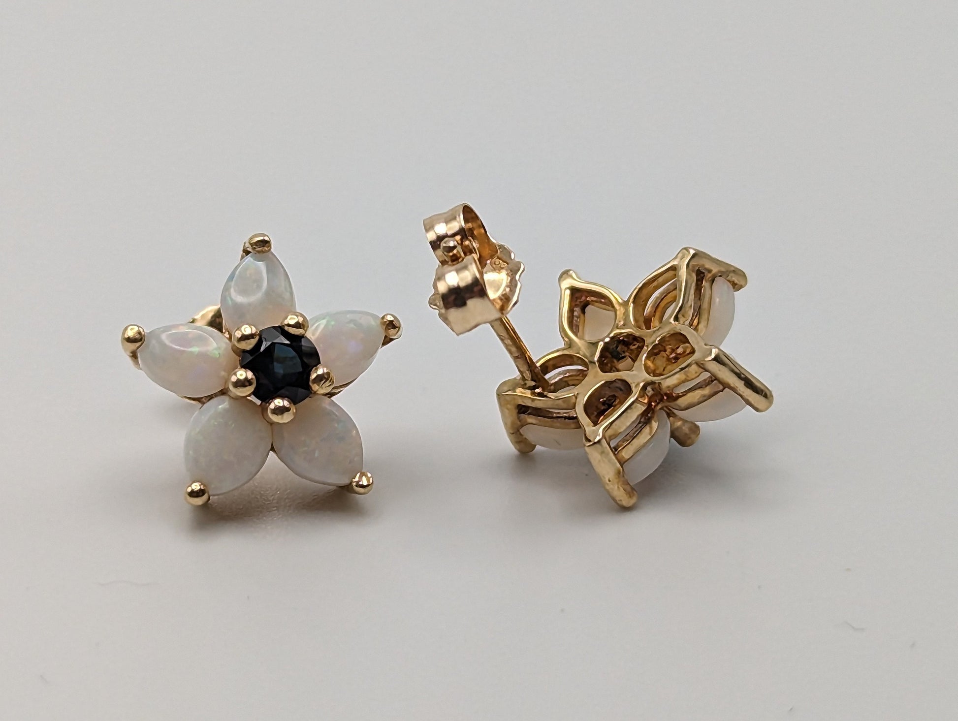 14k Yellow Gold Opal and Sapphire Flower Earrings. 14k Flower Studs. Yellow Gold Flower Earrings.