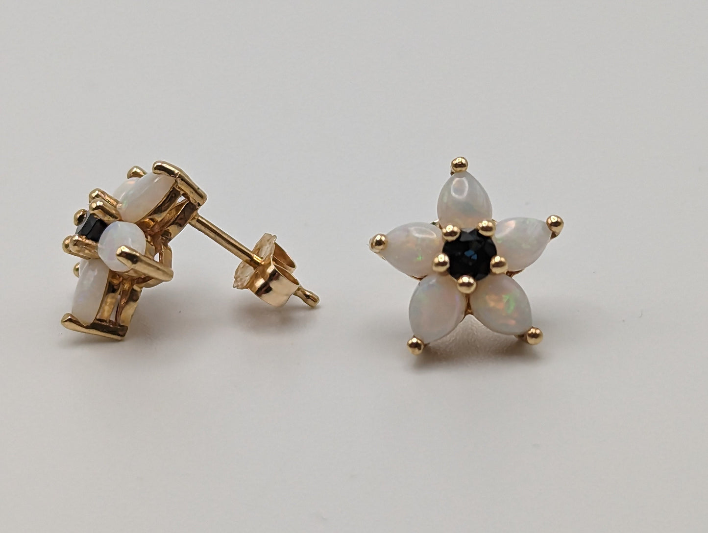 14k Yellow Gold Opal and Sapphire Flower Earrings. 14k Flower Studs. Yellow Gold Flower Earrings.