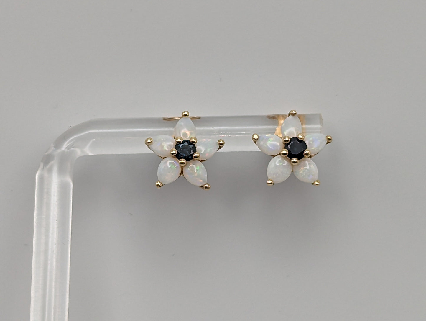 14k Yellow Gold Opal and Sapphire Flower Earrings. 14k Flower Studs. Yellow Gold Flower Earrings.