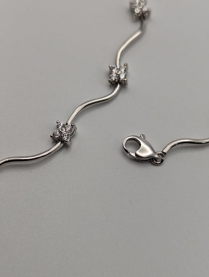 Fine 14K White Gold Wavy Bar Link Cluster Flower Design Clear Stone CZ Bracelet. White Gold Flower Bracelet