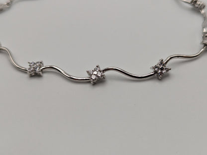 Fine 14K White Gold Wavy Bar Link Cluster Flower Design Clear Stone CZ Bracelet. White Gold Flower Bracelet