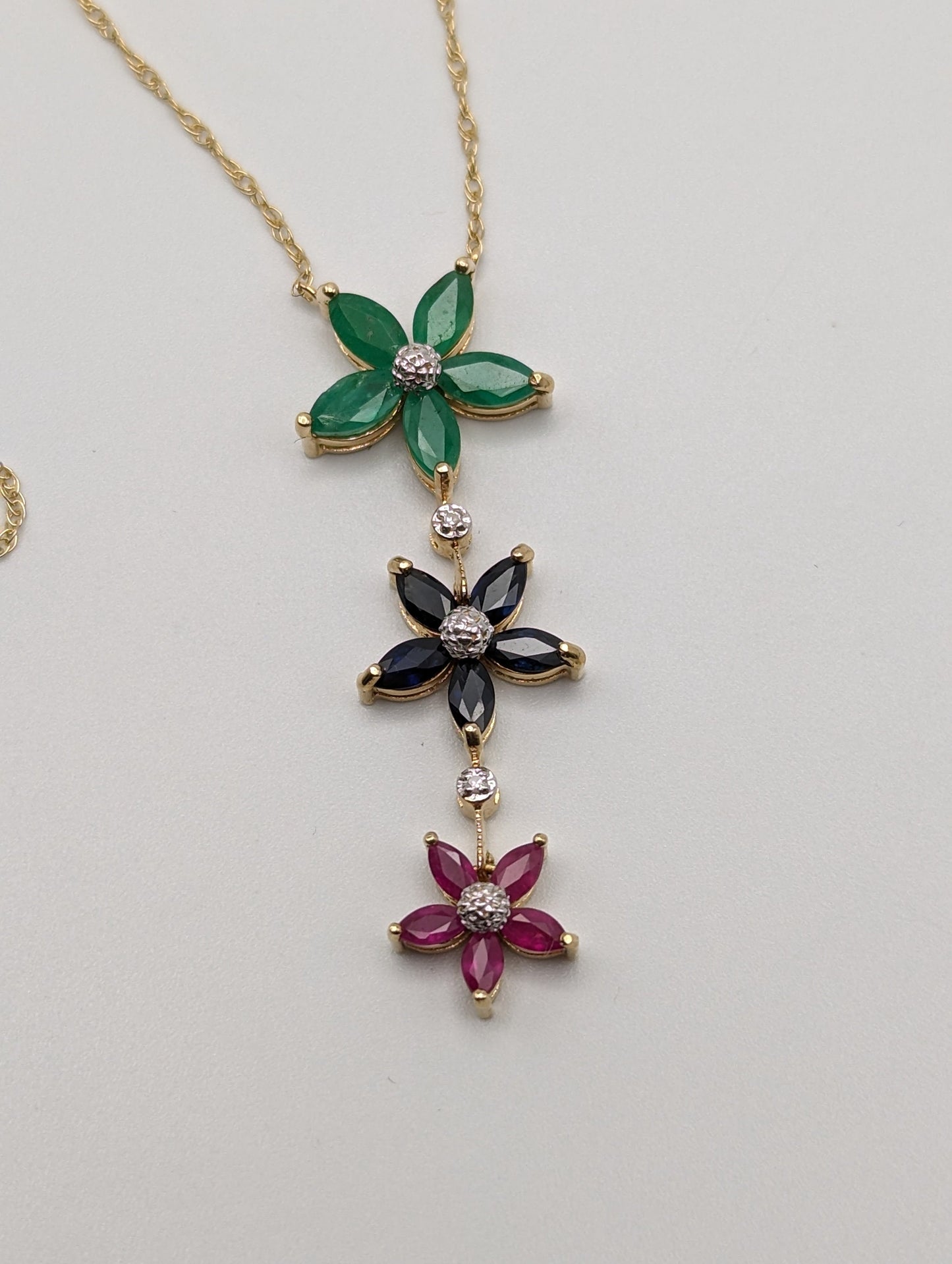 14k Solid Gold Journey Diamond Flower Ruby Emerald Diamond Sapphire Necklace Pendant. 14k Three-Stone Flower Journey