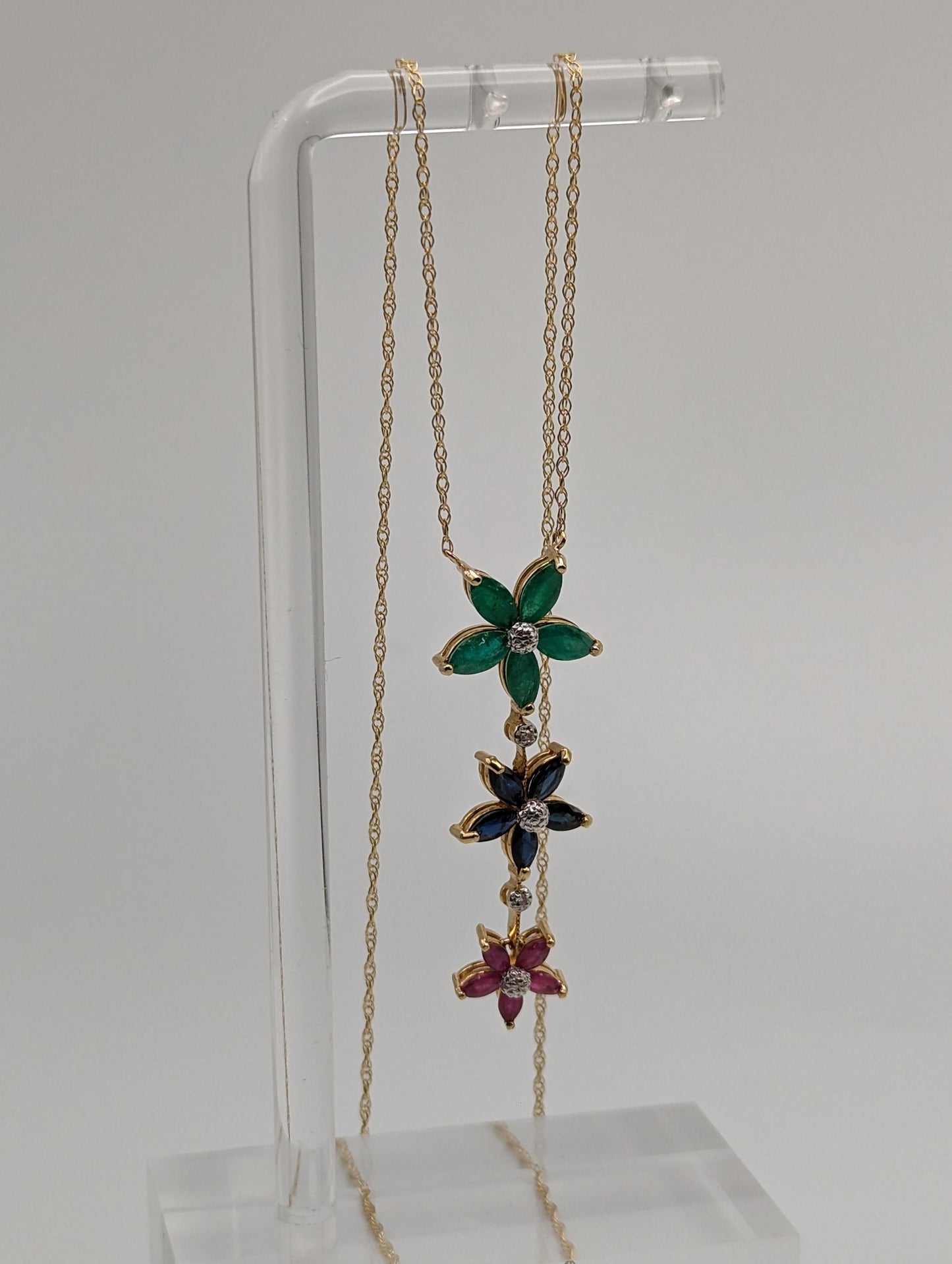 14k Solid Gold Journey Diamond Flower Ruby Emerald Diamond Sapphire Necklace Pendant. 14k Three-Stone Flower Journey