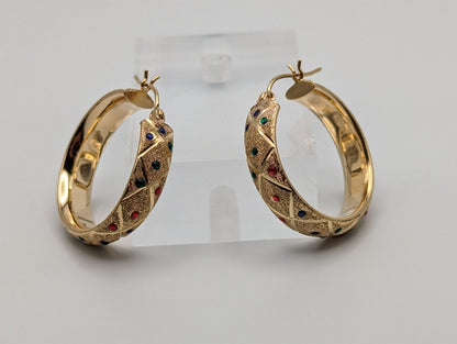 Large 14k Yellow Gold Quilted Polka Dot Enamel Hoop Earrings 14k Solid Gold Hoops 14k Textured Gold Hoops