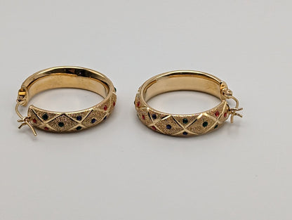 Large 14k Yellow Gold Quilted Polka Dot Enamel Hoop Earrings 14k Solid Gold Hoops 14k Textured Gold Hoops