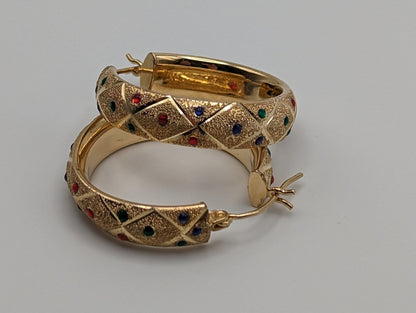 Large 14k Yellow Gold Quilted Polka Dot Enamel Hoop Earrings 14k Solid Gold Hoops 14k Textured Gold Hoops