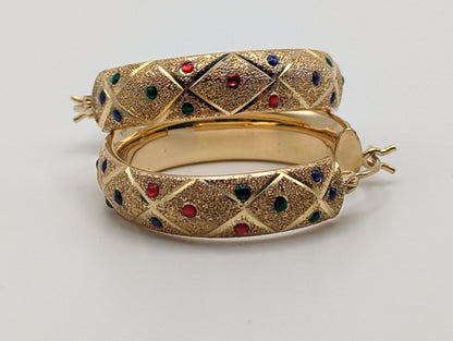 Large 14k Yellow Gold Quilted Polka Dot Enamel Hoop Earrings 14k Solid Gold Hoops 14k Textured Gold Hoops