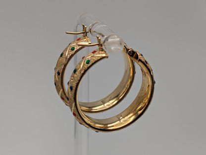 Large 14k Yellow Gold Quilted Polka Dot Enamel Hoop Earrings 14k Solid Gold Hoops 14k Textured Gold Hoops