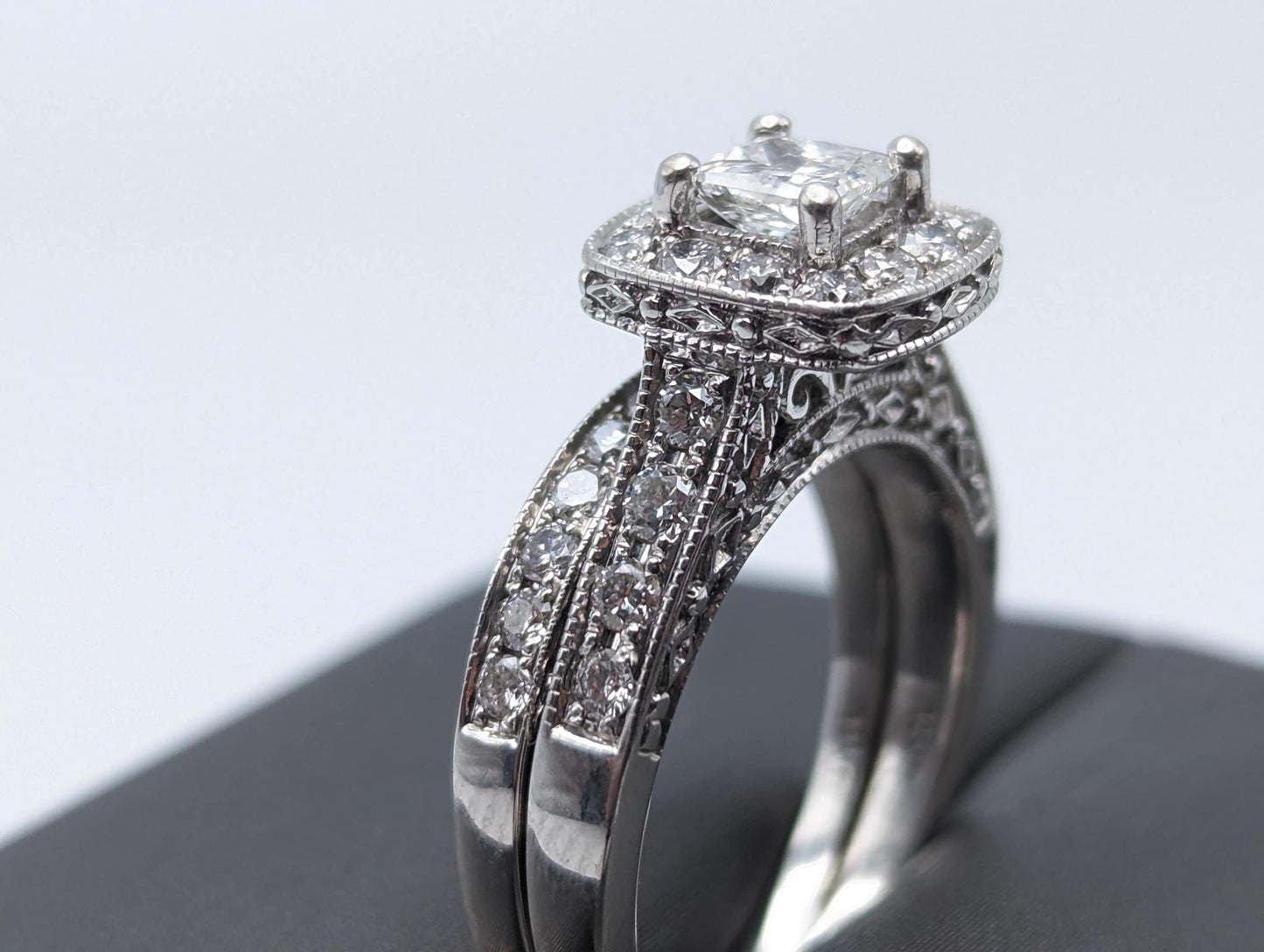 14k White Gold Diamond Wedding Set 1.45ctw Diamond w/Appraisal. 14k Princess Cut 1/2 ct Center Diamond Bridal Set.