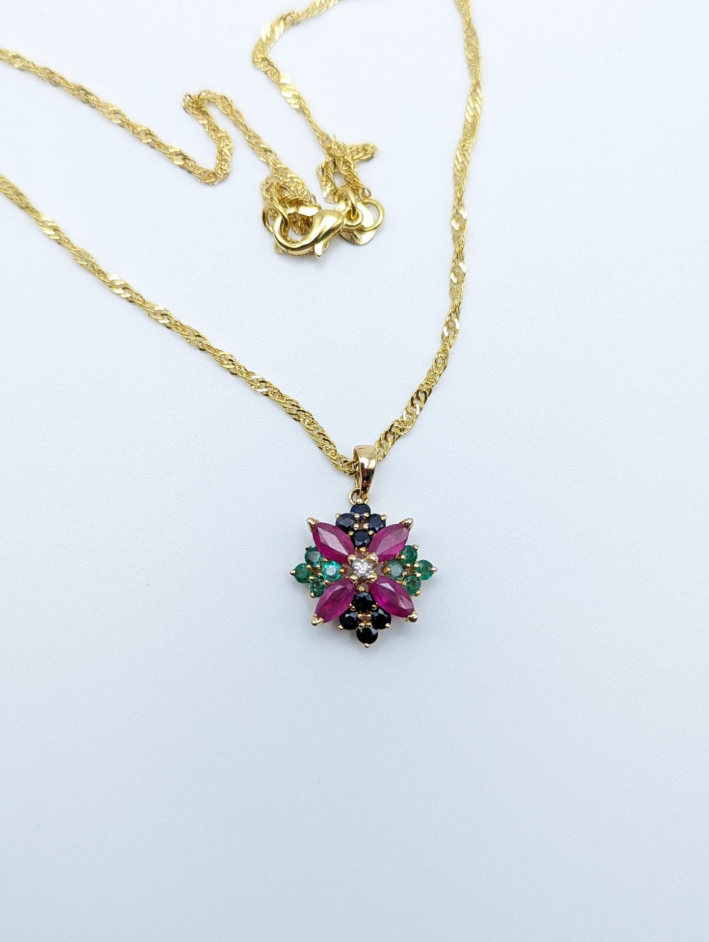 14k Ruby Sapphire Diamond Emerald Flower Pendant. 14k Yellow Gold Multi Gem Daisy Necklace + 18k GP Necklace