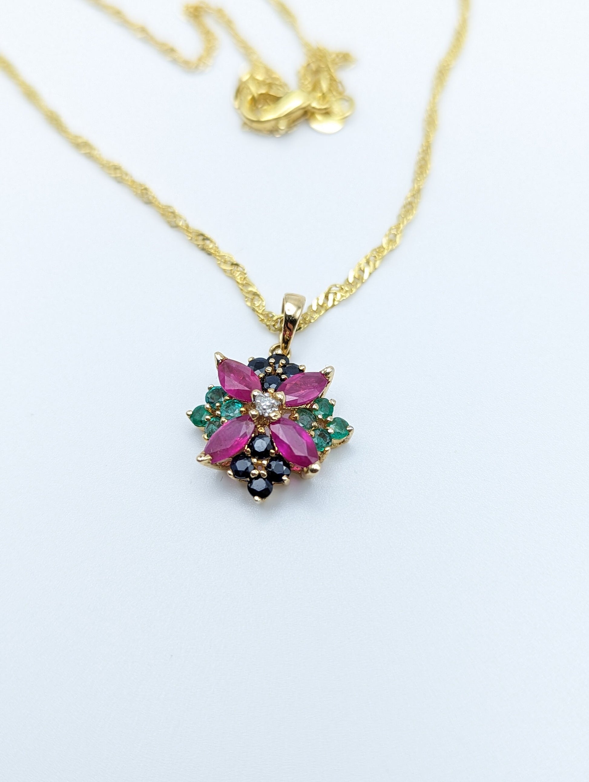 14k Ruby Sapphire Diamond Emerald Flower Pendant. 14k Yellow Gold Multi Gem Daisy Necklace + 18k GP Necklace