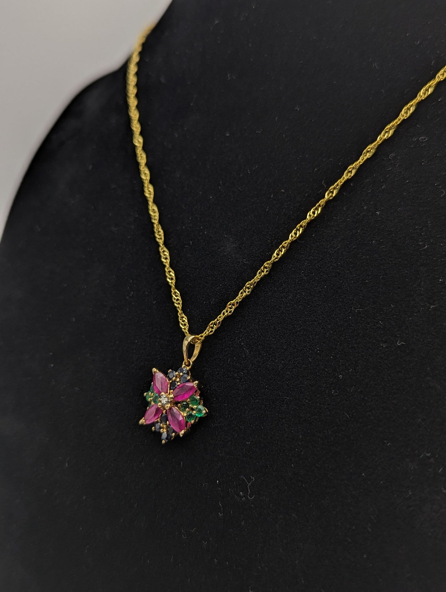 14k Ruby Sapphire Diamond Emerald Flower Pendant. 14k Yellow Gold Multi Gem Daisy Necklace + 18k GP Necklace