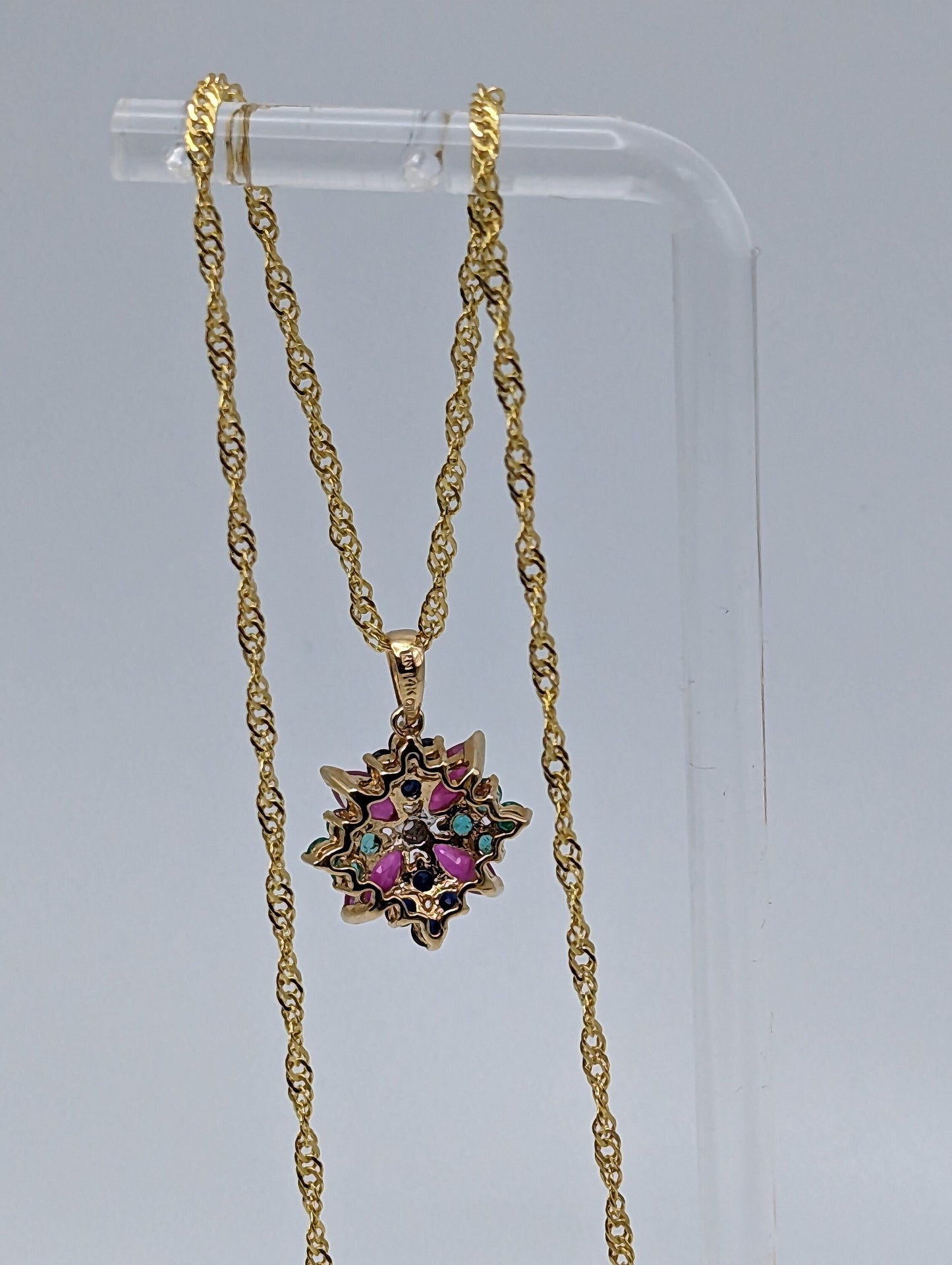 14k Ruby Sapphire Diamond Emerald Flower Pendant. 14k Yellow Gold Multi Gem Daisy Necklace + 18k GP Necklace