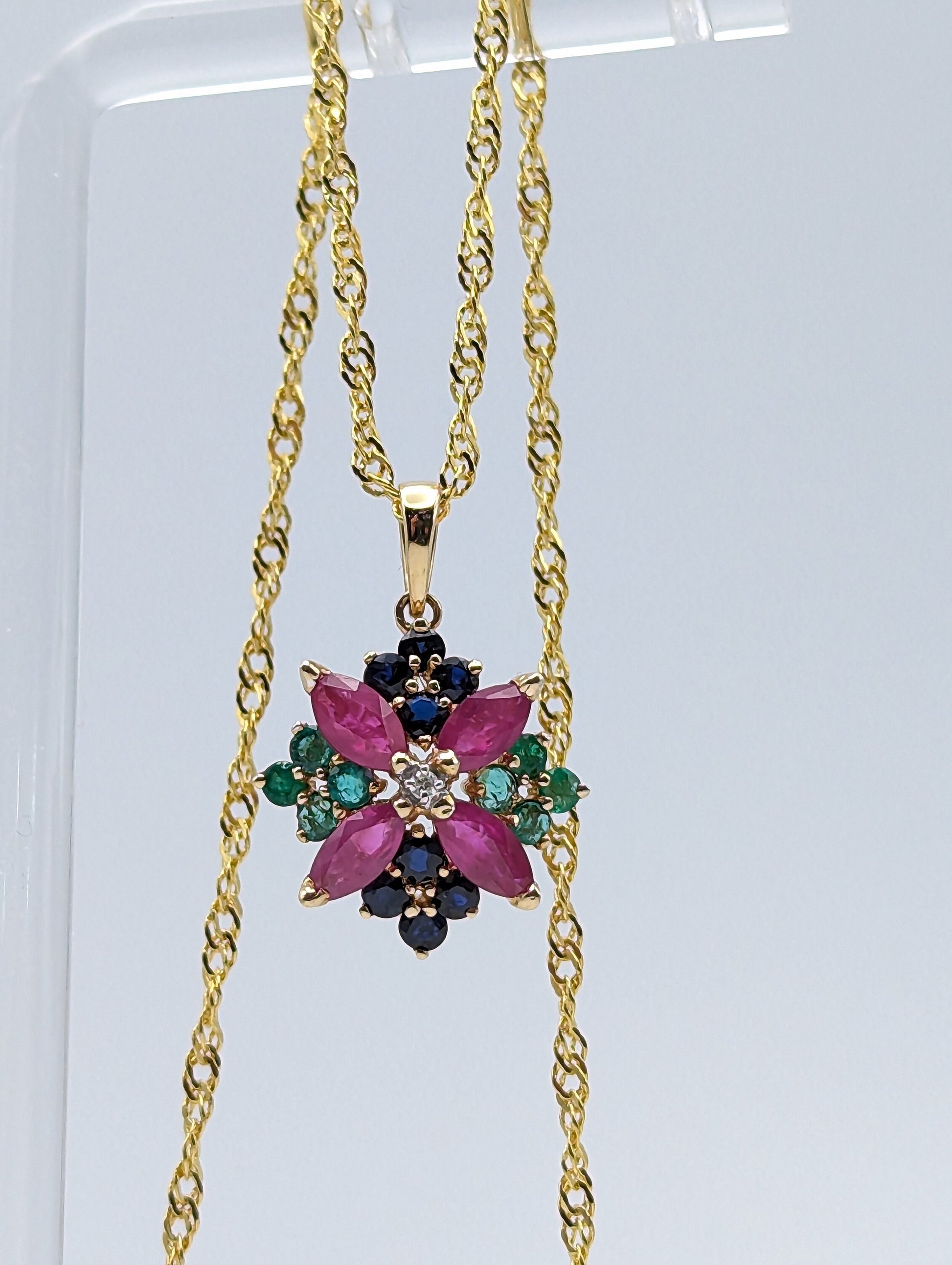 14k Ruby Sapphire Diamond Emerald Flower Pendant. 14k Yellow Gold Multi Gem Daisy Necklace + 18k GP Necklace