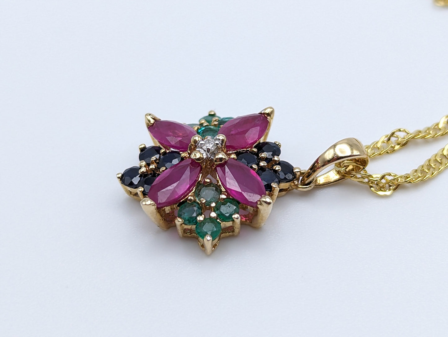 14k Ruby Sapphire Diamond Emerald Flower Pendant. 14k Yellow Gold Multi Gem Daisy Necklace + 18k GP Necklace