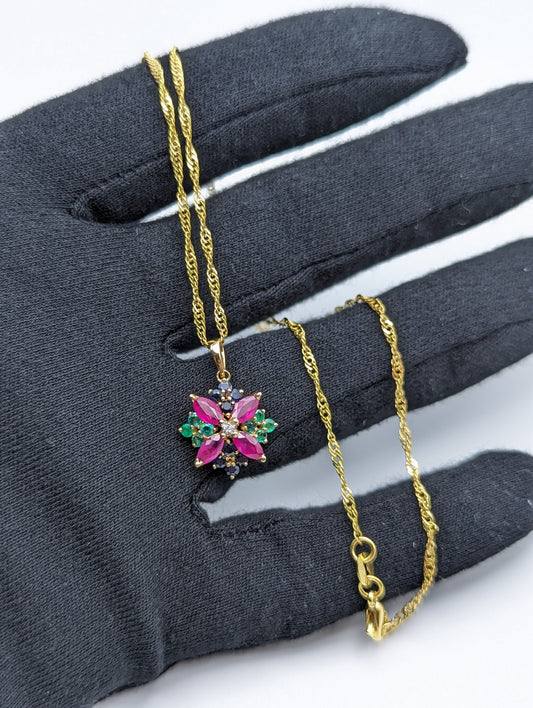 14k Ruby Sapphire Diamond Emerald Flower Pendant. 14k Yellow Gold Multi Gem Daisy Necklace + 18k GP Necklace