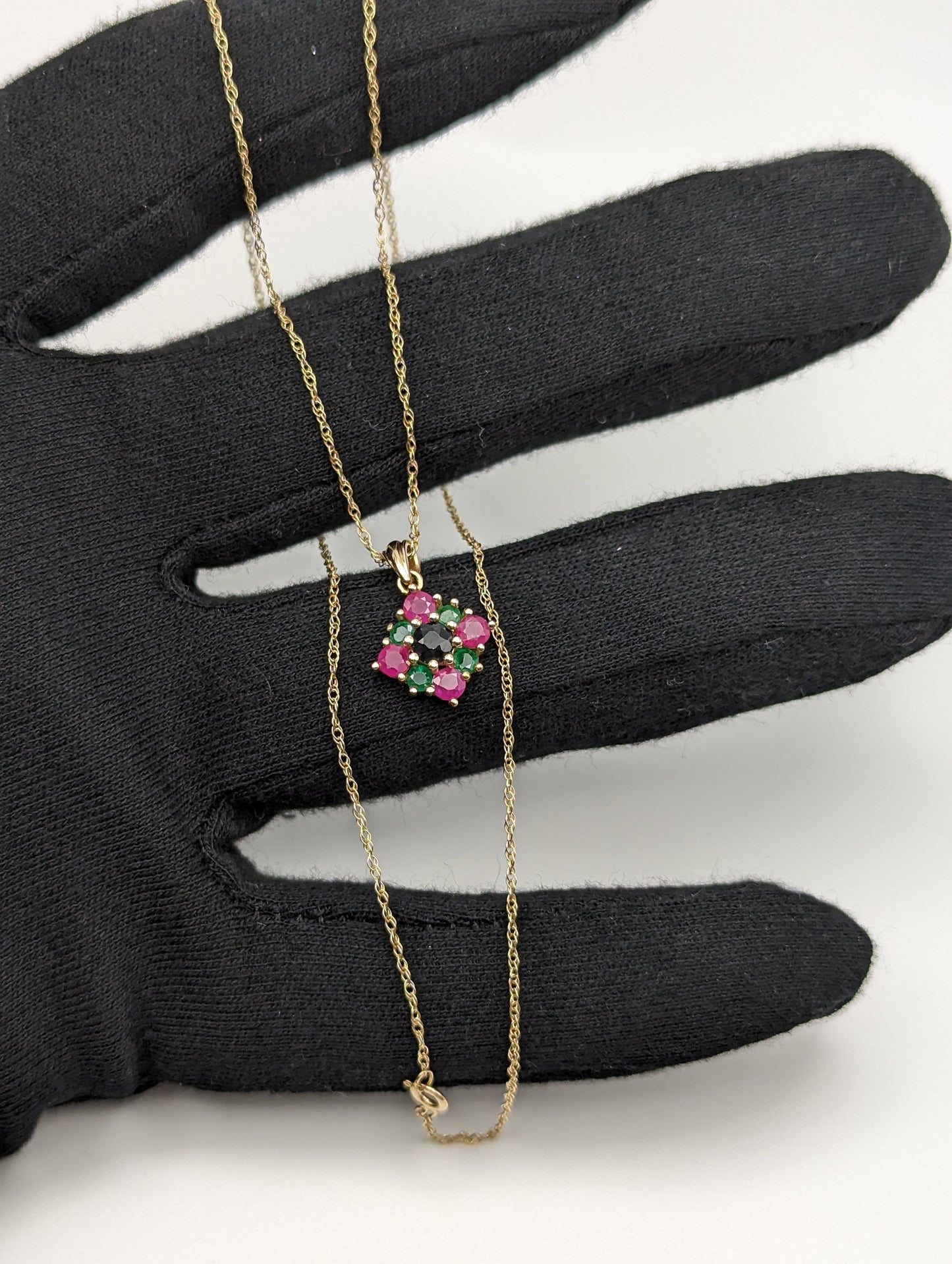 14k Sapphire Emerald Ruby Cluster Necklace. 14k Multi-Gem Cluster Chain. 14k Sapphire Emerald Ruby Flower Necklace.
