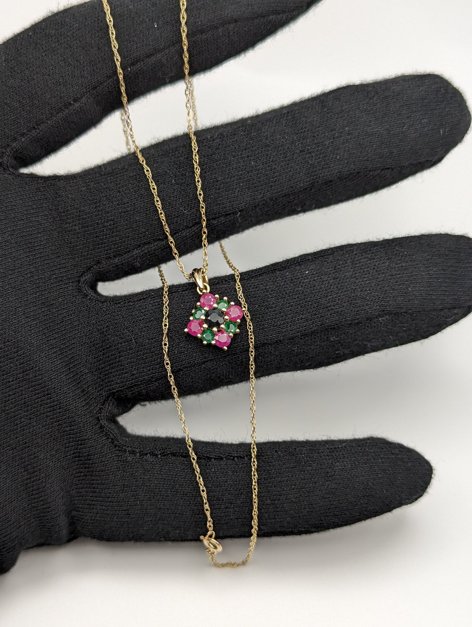 14k Sapphire Emerald Ruby Cluster Necklace. 14k Multi-Gem Cluster Chain. 14k Sapphire Emerald Ruby Flower Necklace.