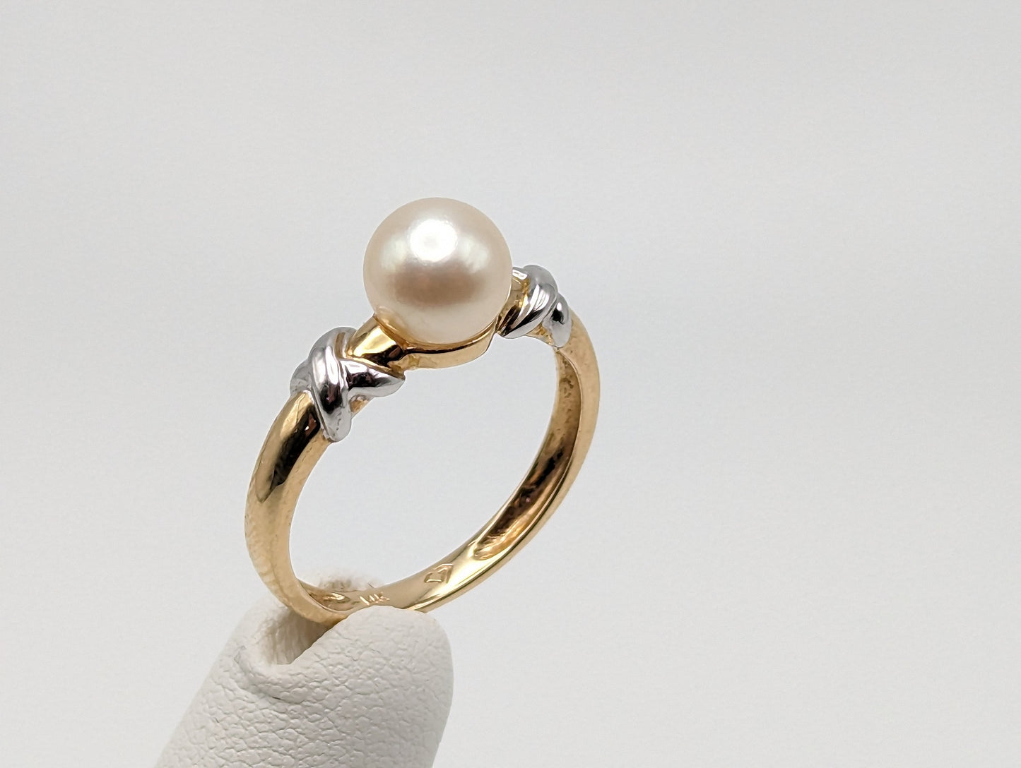 Yellow White Gold 14k XO Pearl Ring Multi-Gold Womens Pearl Ring. 10K Solitaire Pearl Ring. Engagement Pearl Ring.