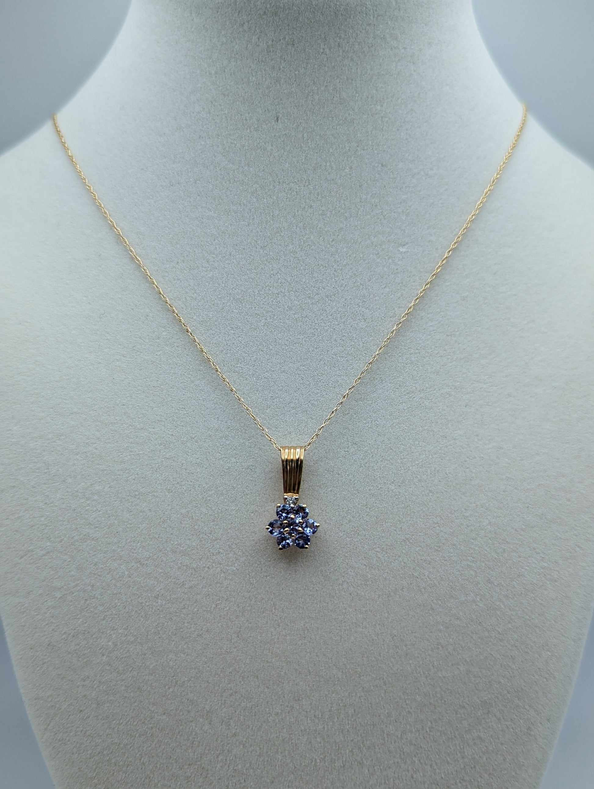 14k Yellow Gold Diamond Tanzanite Daisy Flower Pendant Necklace. 14k Tanzanite Flower Pendant + Chain. 14k Tanzanite Flower Necklace.