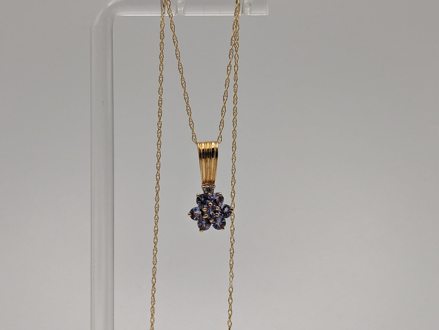 14k Yellow Gold Diamond Tanzanite Daisy Flower Pendant Necklace. 14k Tanzanite Flower Pendant + Chain. 14k Tanzanite Flower Necklace.