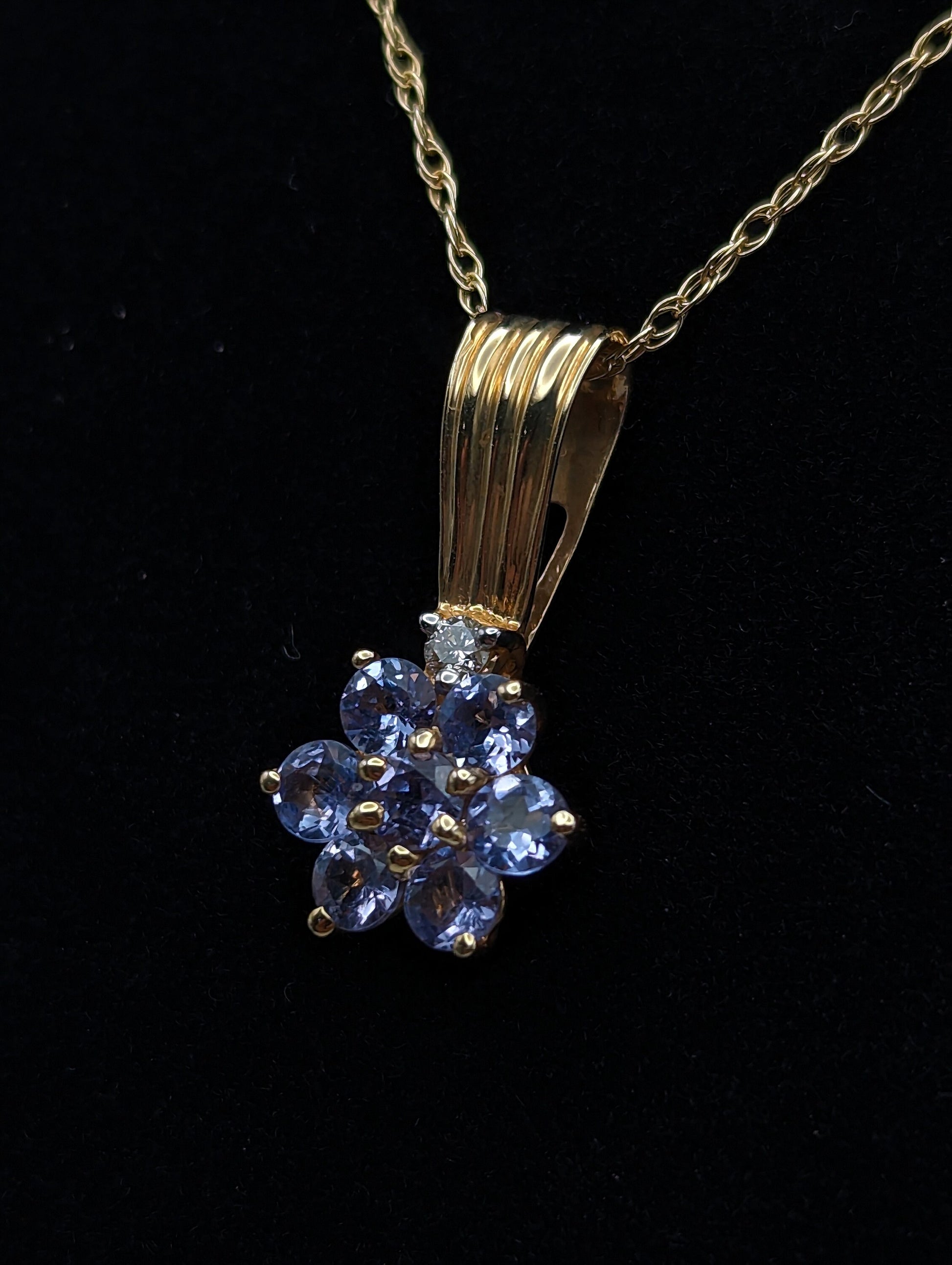 14k Yellow Gold Diamond Tanzanite Daisy Flower Pendant Necklace. 14k Tanzanite Flower Pendant + Chain. 14k Tanzanite Flower Necklace.