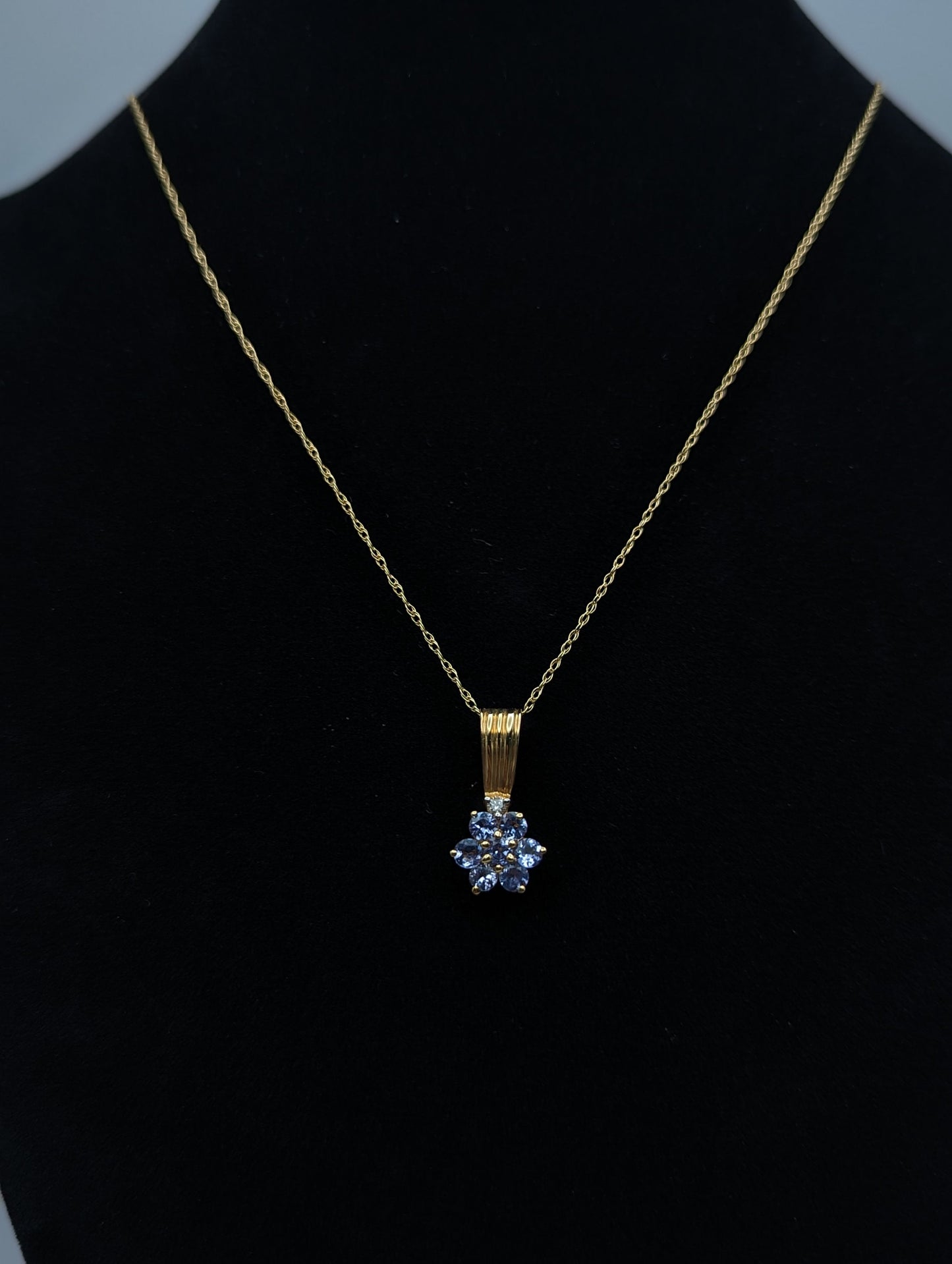 14k Yellow Gold Diamond Tanzanite Daisy Flower Pendant Necklace. 14k Tanzanite Flower Pendant + Chain. 14k Tanzanite Flower Necklace.