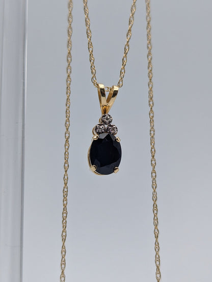 14k Gold Diamond Sapphire Pendant Necklace. 14k Yellow Gold Sapphire Necklace. Sapphire and Diamond Necklace.