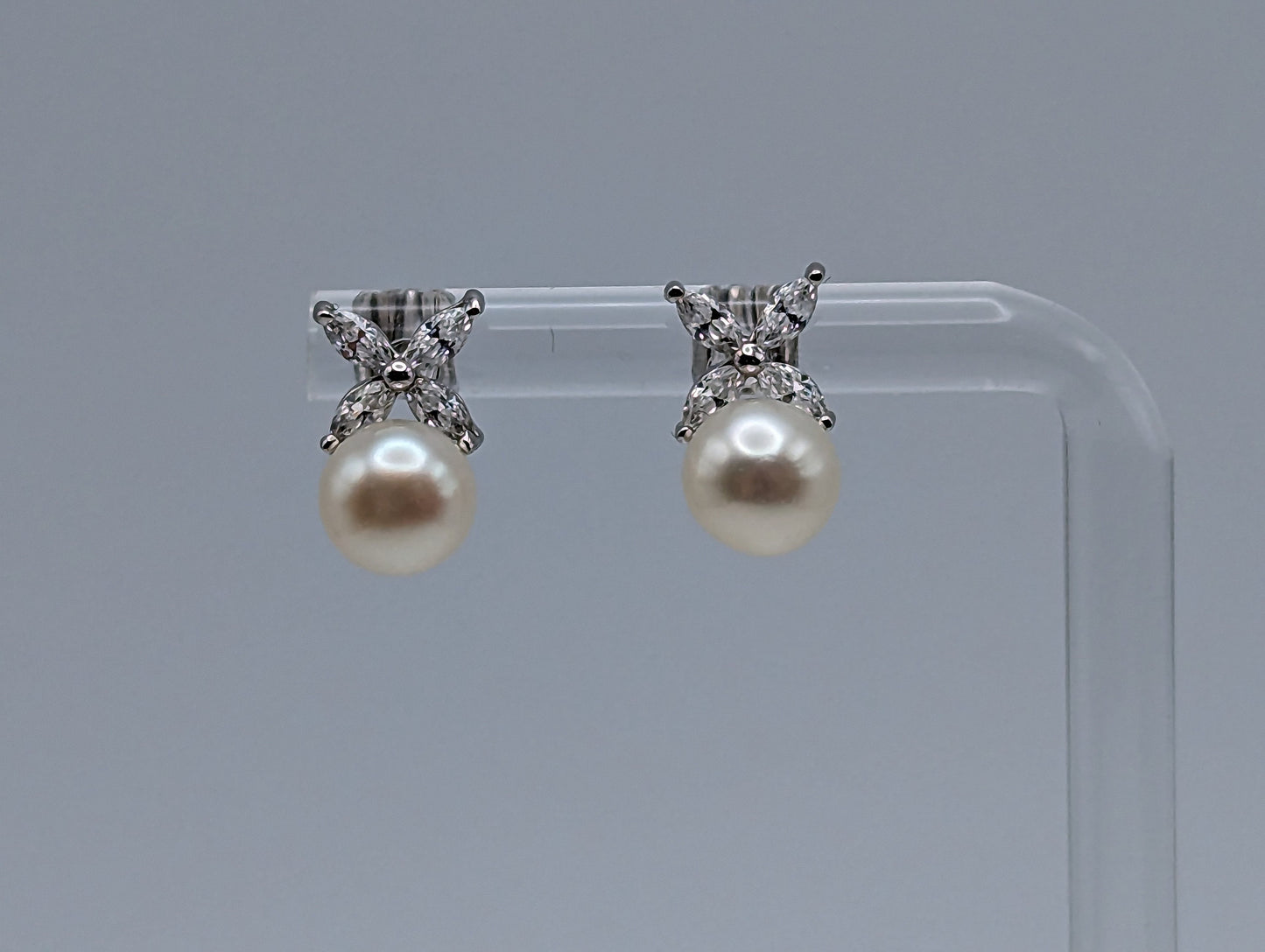 14k Pearl with CZ Earrings. 14k White Gold Pearl and Topaz Pierced Stud Earrings. Dainty Pearl Earrings.