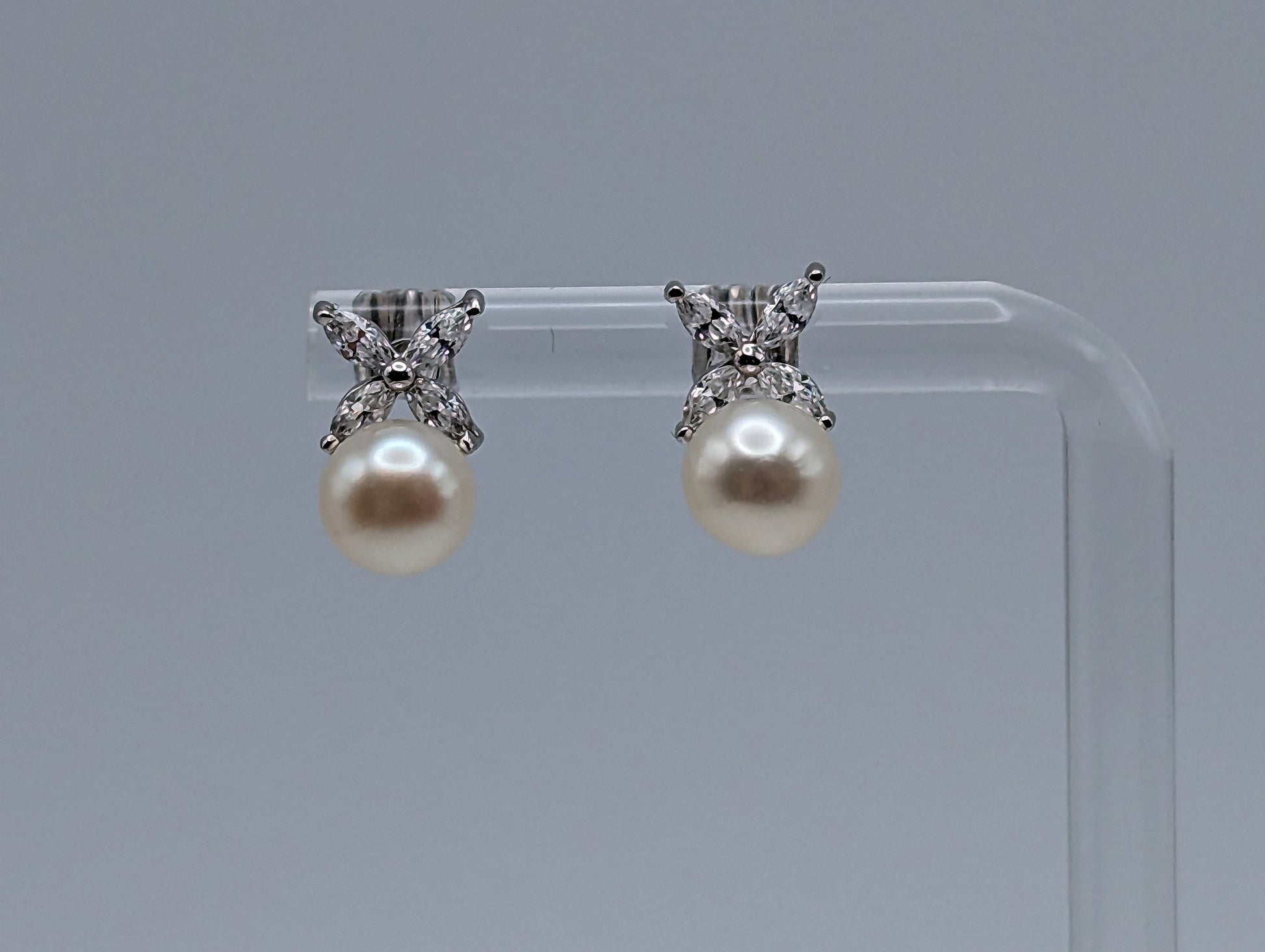 14k Pearl with CZ Earrings. 14k White Gold Pearl and Topaz Pierced Stud Earrings. Dainty Pearl Earrings.