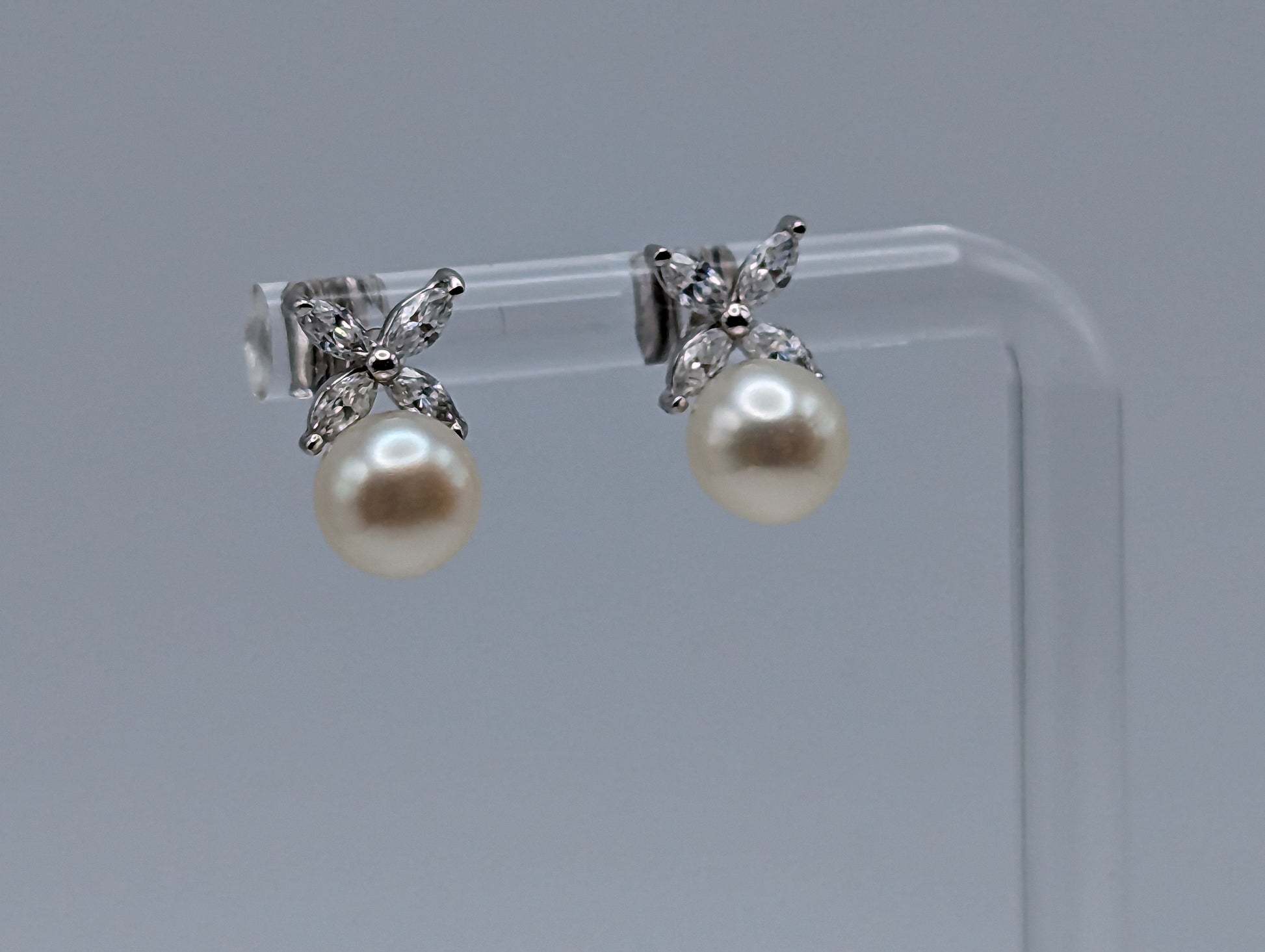 14k Pearl with CZ Earrings. 14k White Gold Pearl and Topaz Pierced Stud Earrings. Dainty Pearl Earrings.