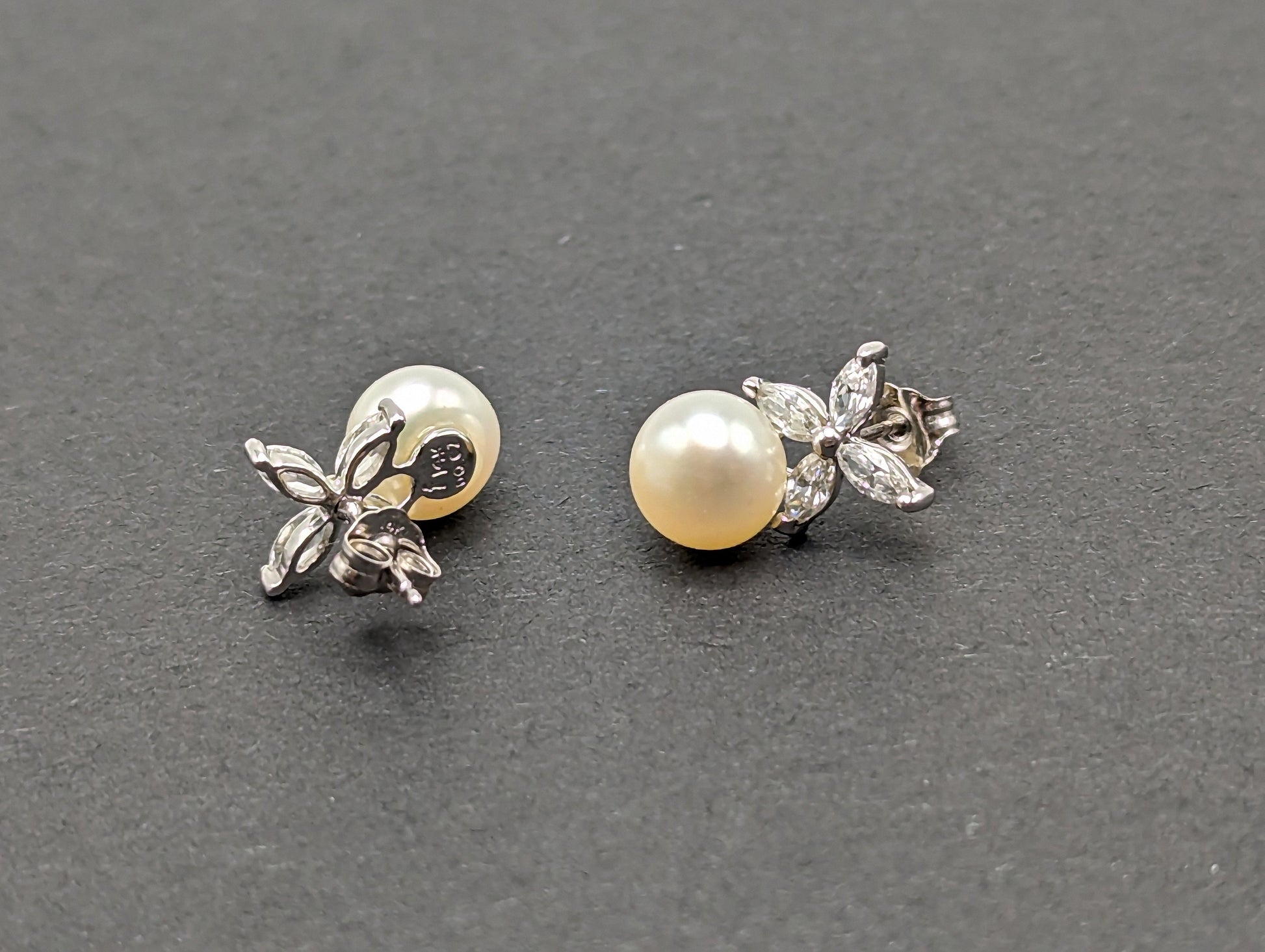 14k Pearl with CZ Earrings. 14k White Gold Pearl and Topaz Pierced Stud Earrings. Dainty Pearl Earrings.