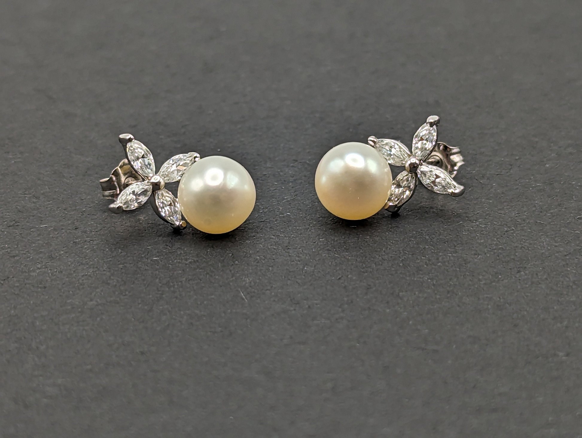 14k Pearl with CZ Earrings. 14k White Gold Pearl and Topaz Pierced Stud Earrings. Dainty Pearl Earrings.