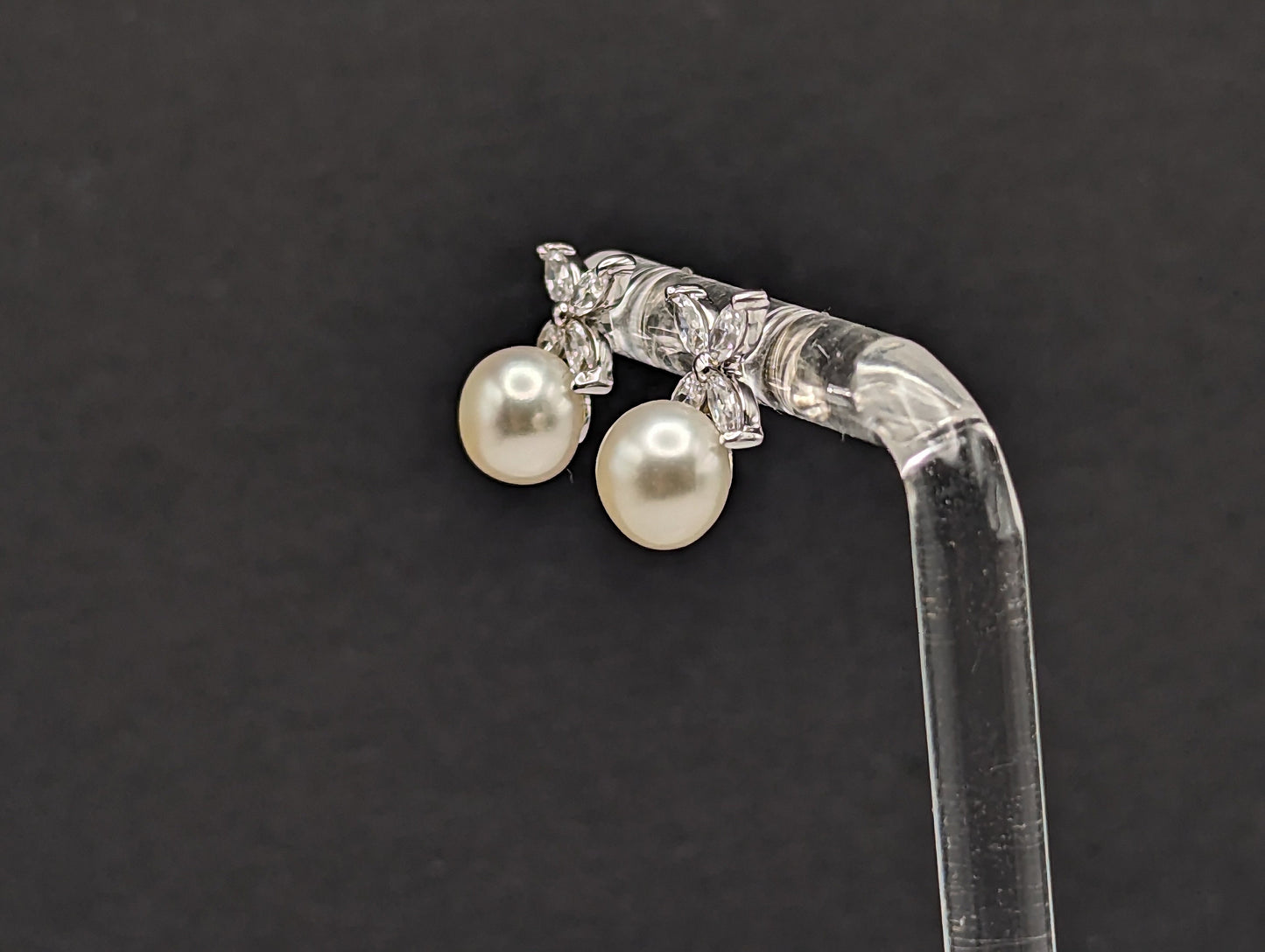 14k Pearl with CZ Earrings. 14k White Gold Pearl and Topaz Pierced Stud Earrings. Dainty Pearl Earrings.