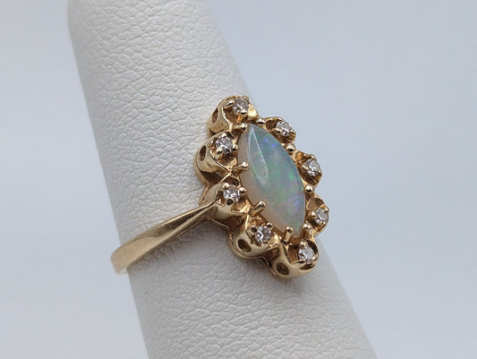 14k Yellow Gold Diamond and Opal Band 14k Gold Opal Marquise Ring. 10k Antique Anniversary Marquise Cut Opal Ring. Vintage Gold Opal Ring.