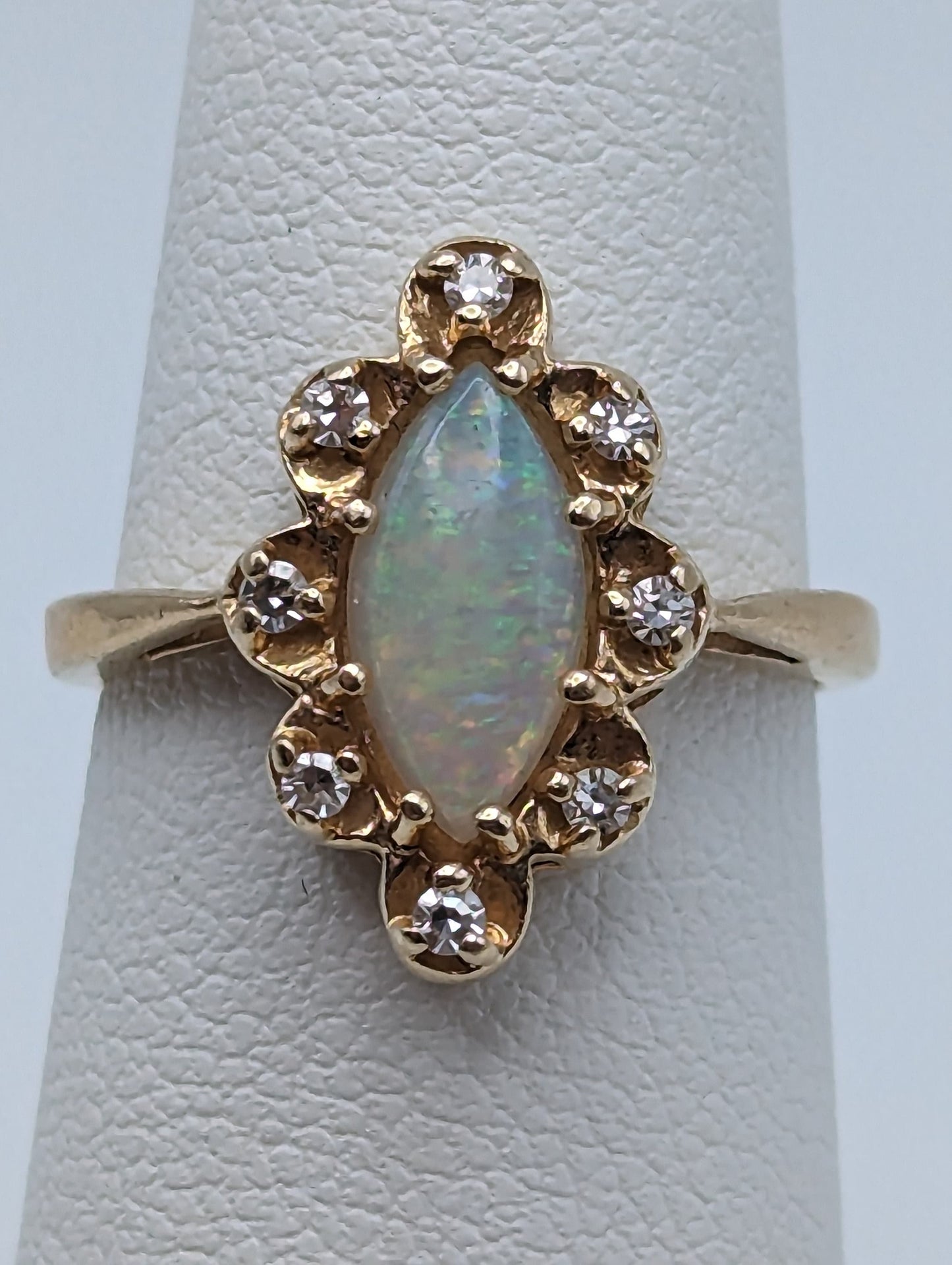 14k Yellow Gold Diamond and Opal Band 14k Gold Opal Marquise Ring. 10k Antique Anniversary Marquise Cut Opal Ring. Vintage Gold Opal Ring.