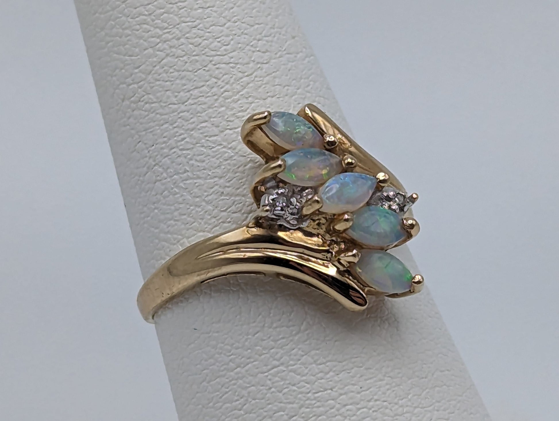 10k Yellow Gold Diamond and Opal Band. 10k Antique Anniversary Band. Vintage Gold Opal Ring.