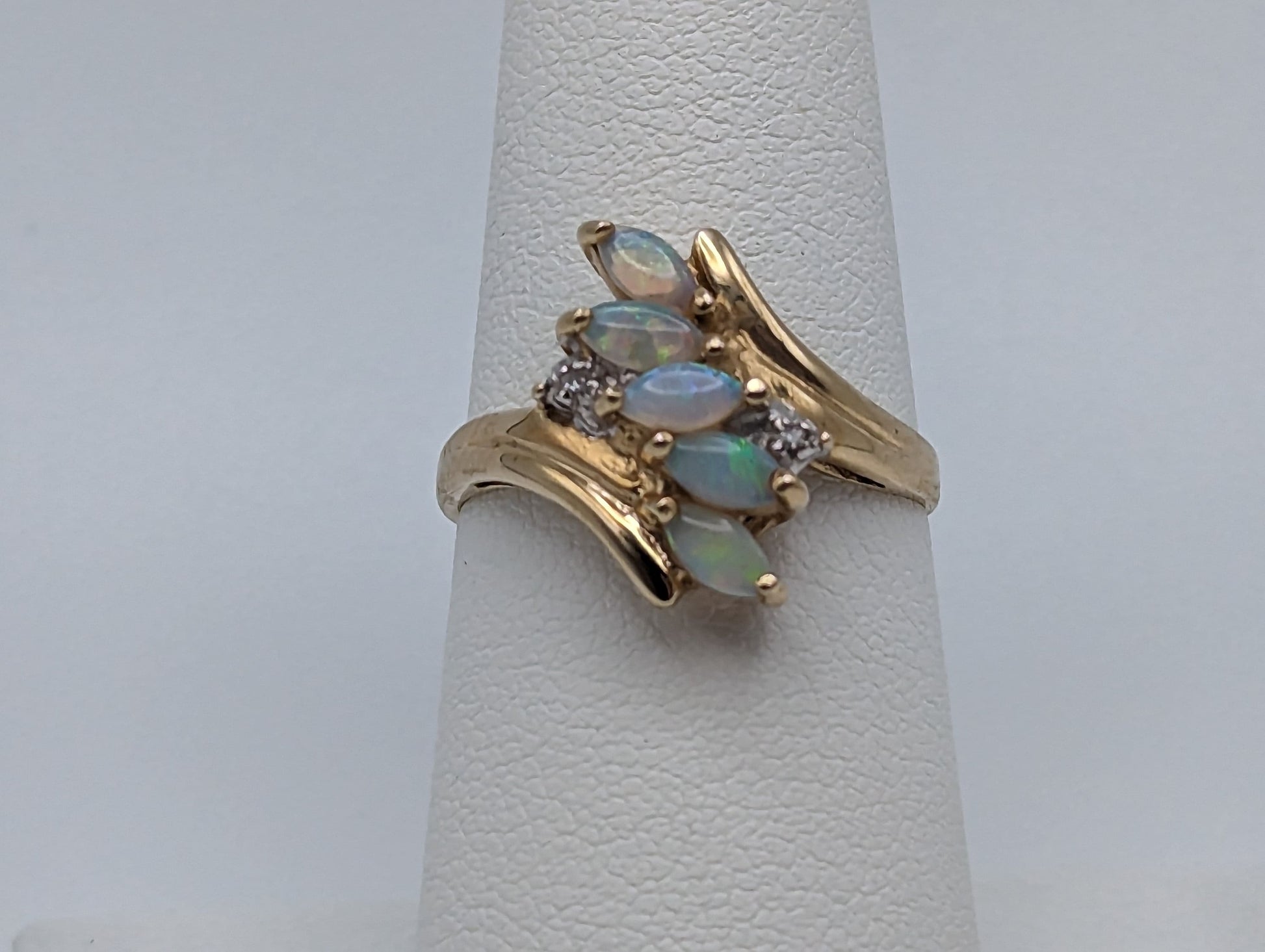 10k Yellow Gold Diamond and Opal Band. 10k Antique Anniversary Band. Vintage Gold Opal Ring.