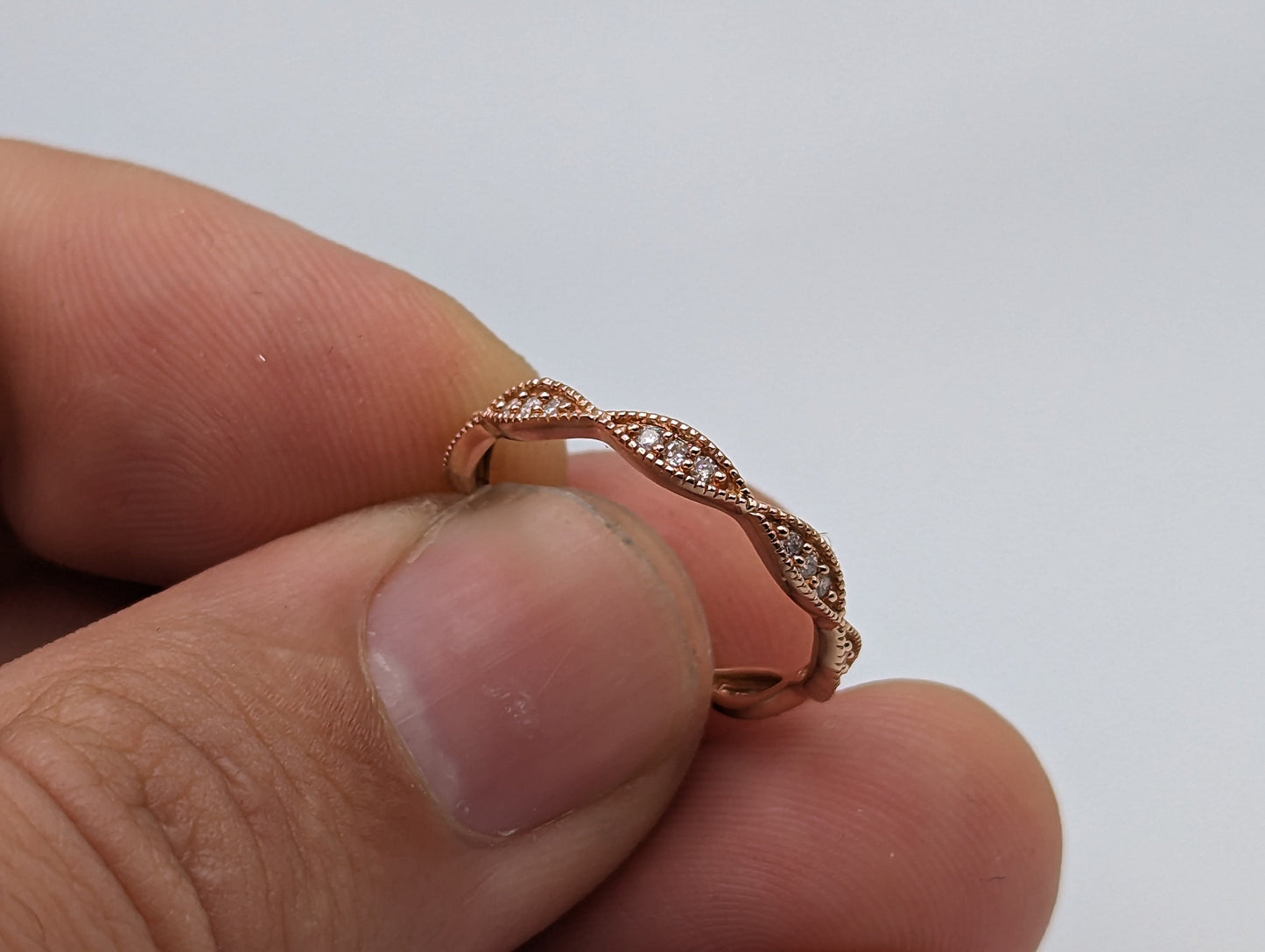 Rose Gold 10k Wavy Diamond Dainty Band Ring. Minimalist Wavy Diamond Ring.