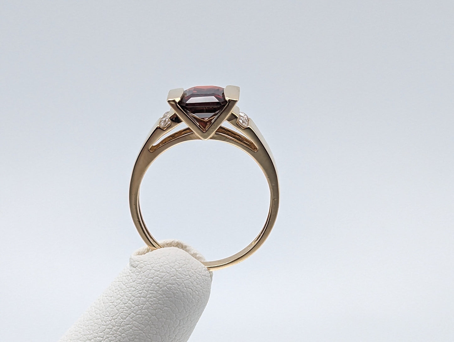 14k Yellow Gold Emerald Cut Garnet and Diamonds Chanel Setting Ring. 14k Garnet and Diamonds Cocktail Ring.