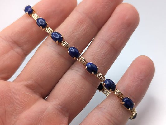 14kt Yellow Gold & Lapis Lazuli Oval Cabochon Greek Key Tennis Bracelet. 14kt Lapis Yellow Gold Bracelet.